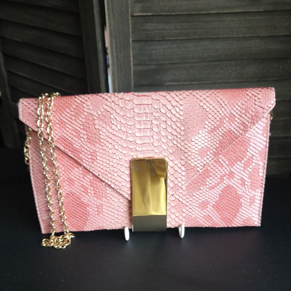 Pink Snake-Embossed Envelope Clutch with Gold Chain